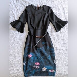 Ted Baker Black Dress with Blue and Pink Floral Design